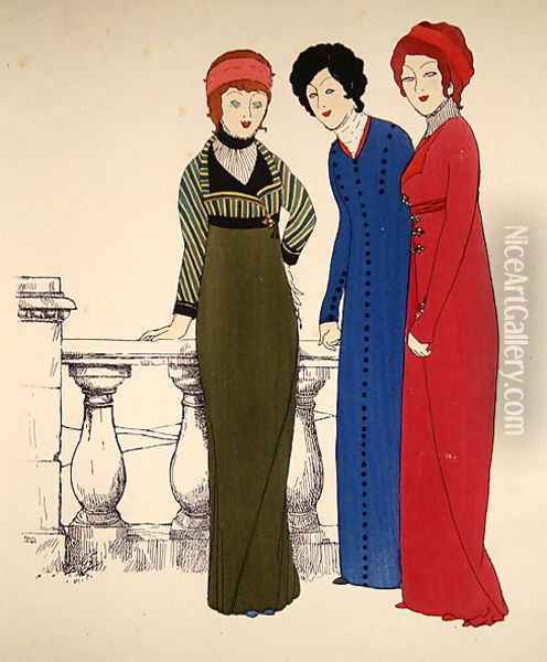 Three ladies in dresses Oil Painting - Paul Iribe