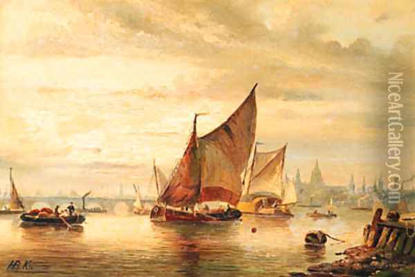 A view of London with various shipping on the Thames at dusk Oil Painting - Hendrik Barend Koekkoek
