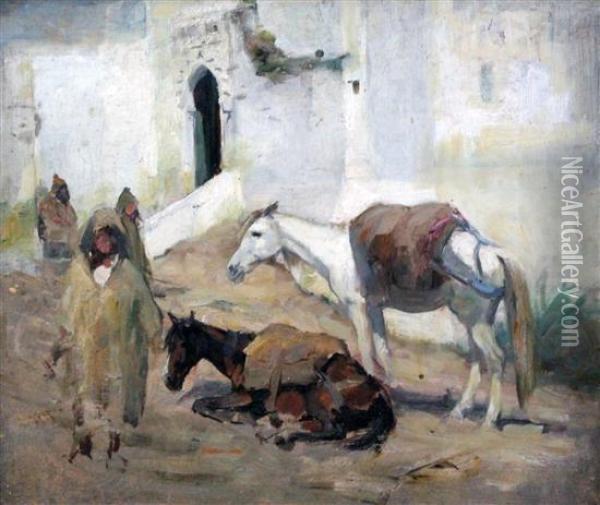 Arabs With Horses Oil Painting - George Denholm Armour