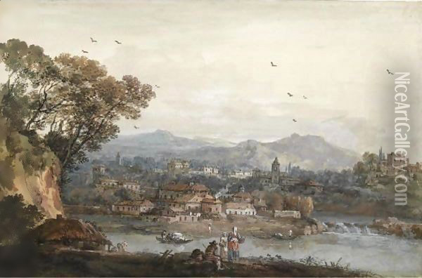View Of A Town By A River, Figures In The Foreground Oil Painting - Francesco Zuccarelli