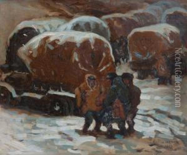 Camions Sous La Neige Oil Painting - Alfred Plauzeau