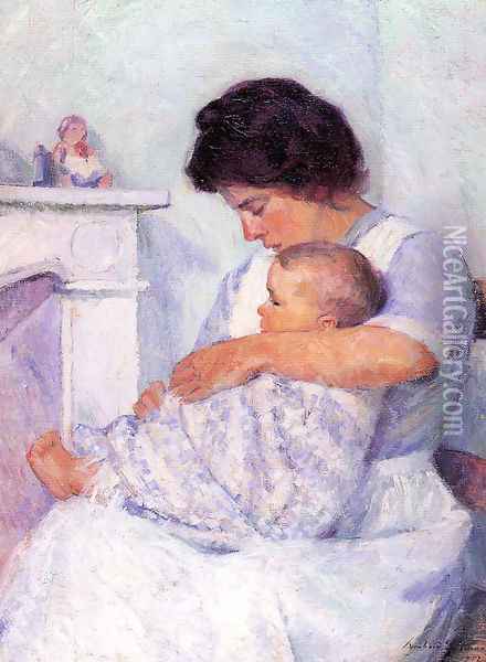 Mother and Child (White Mantel) 1912 Oil Painting - Bernhard Gutmann