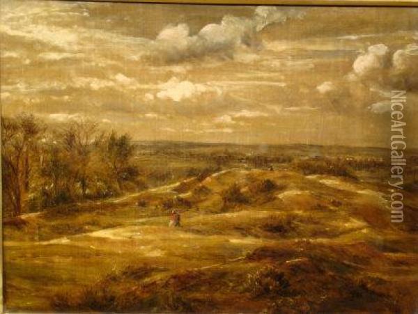 A Couple Walking Over Hampstead Heath On A Cloudy Winter's Day Oil Painting - Arthur Evershed