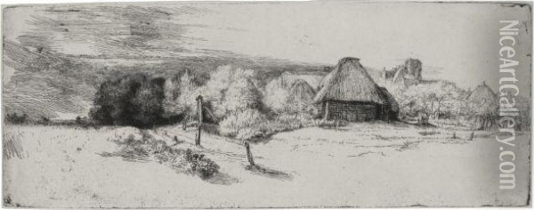 Landscape With Trees, Farm Buildings And A Tower Oil Painting - Rembrandt Van Rijn