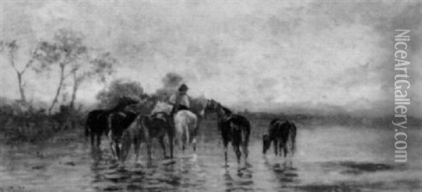 Bauernknabe Mit Pferden Am See Oil Painting - Edoardo Cortese