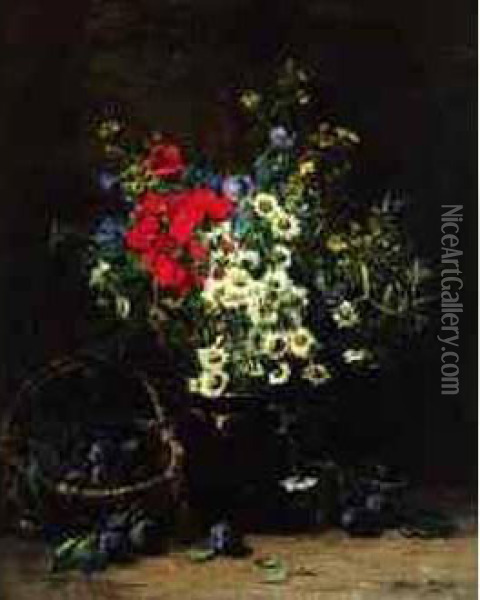 < Bouquet Champetre Et Panier De Prunes >. Oil Painting - Louise Darru