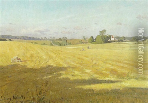 Landskab Med Nyhostet Kornmark I Baggrunden Kirke Oil Painting - Ludvig Kabell