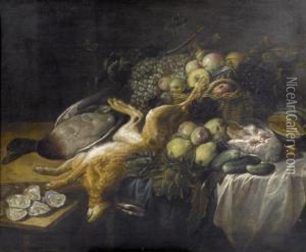 Hunting Still Life With Hares And Fruits Oil Painting - Pieter Van Boucle