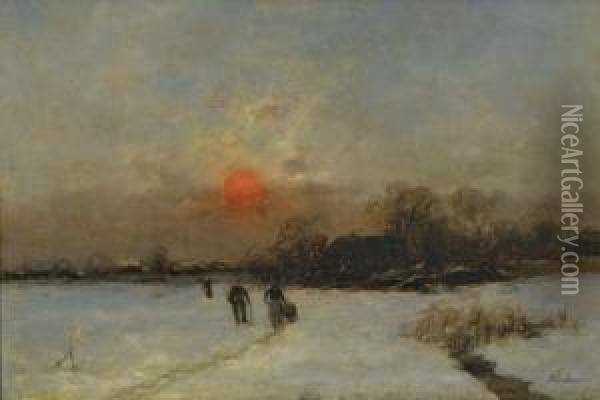 Winterliche Dorflandschaft Im Abendrot Oil Painting - Anton Windmaier