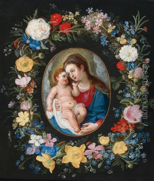 A Floral Garland Surrounding A Cartouche With The Madonna And Child Oil Painting - Hendrik van Balen the Elder