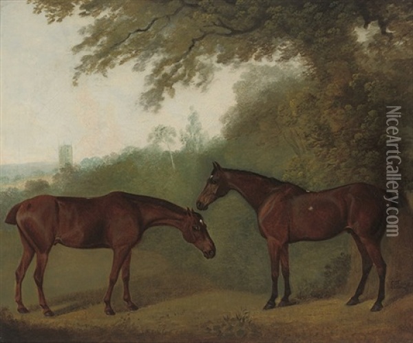 'printer' And 'simon,' Two Chestnut Hunters In A Landscape Oil Painting - Clifton Tomson