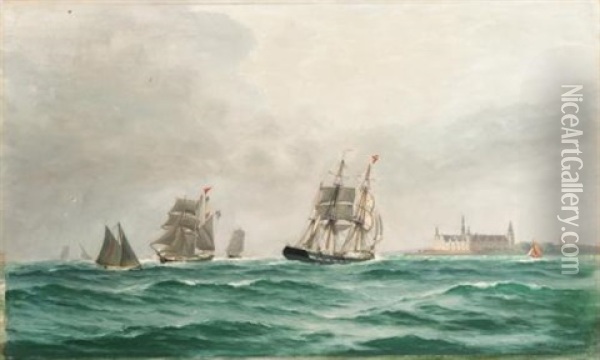 Danish Ships Sailing Near Kronberg Castle Oil Painting - Alfred Olsen