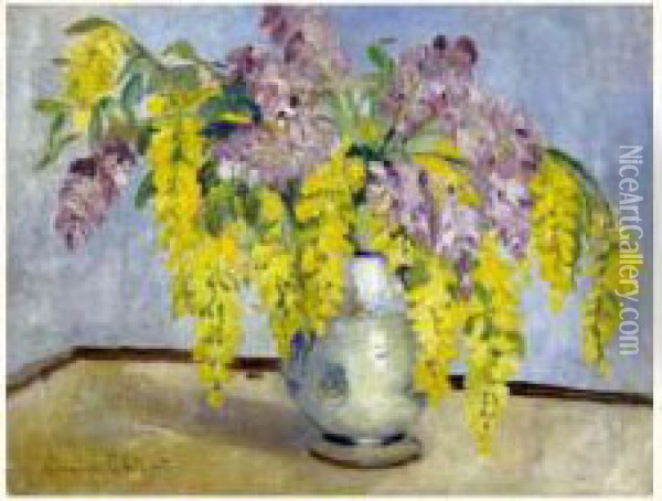 Vase De Fleurs Jaunes Et Mauves Oil Painting - Eugene Chigot