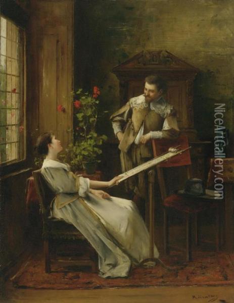 Flirt (la Broderie) Oil Painting - Mihaly Munkacsy