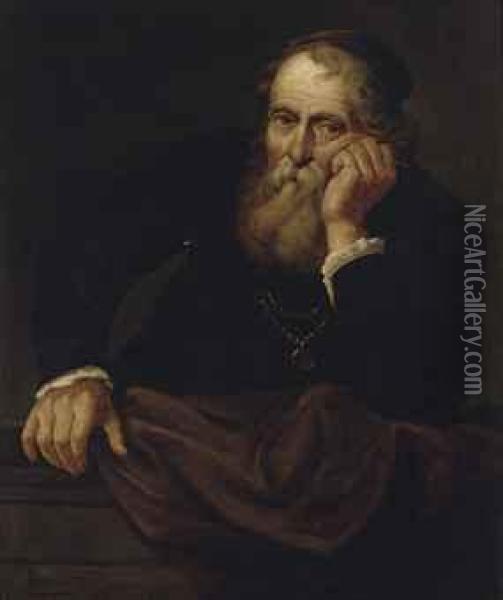 Portrait Of A Gentleman, In Black, Leaning Over A Ledge Oil Painting - Antonio Bencini