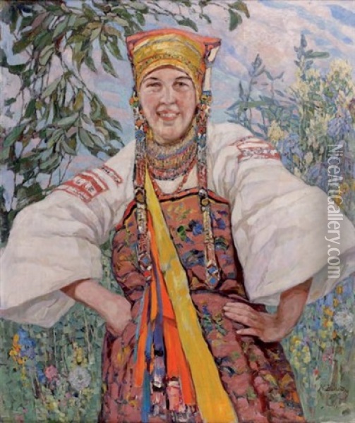 Jeune Ukrainienne En Costume Traditionel Oil Painting - Konstantin Semionovich Vysotsky