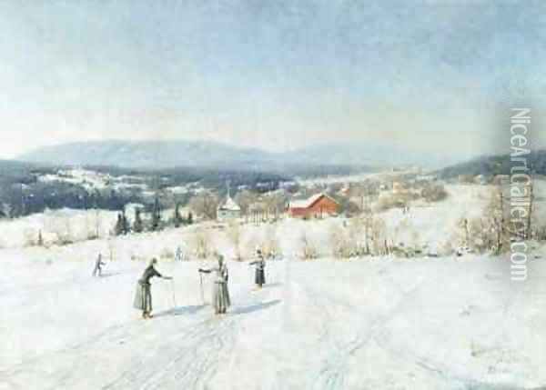 Landscape with Skiers Oil Painting - Carl-Edvard Diriks