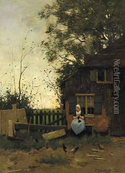 A peasant woman knitting in a farmyard Oil Painting - Tony Lodewijk George Offermans