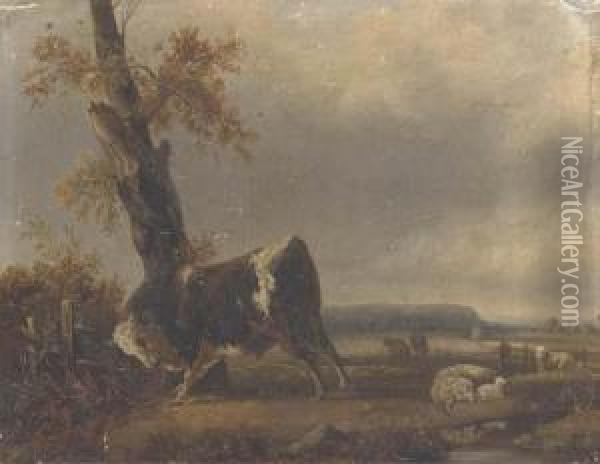 A Dog Attacking A Fox In A Landscape Oil Painting - Jacques Raymond Bracassat