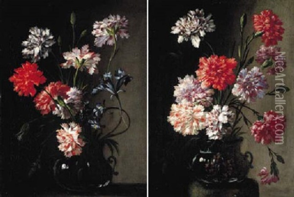Carnations And Irirses In A Glass Vase On A Stone Plinth Oil Painting - Andrea Belvedere
