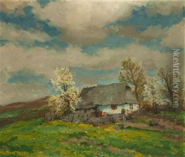 A Summer Landscape With A Cottage Oil Painting - Gustav Macoun