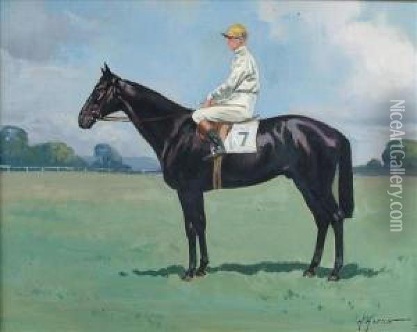 A Black Racehorse With Jockey Up Oil Painting - J. Harris