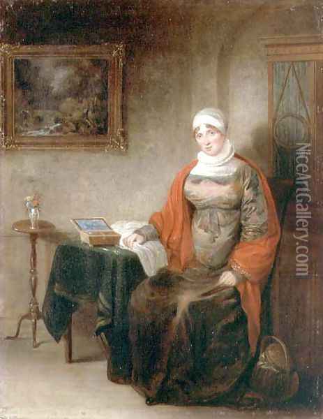 Portrait of Mrs John Crome Seated at a Table by an Open Workbox Oil Painting - Michael William Sharp
