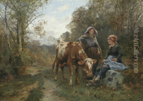 Two Country Women And A Cow In A Woodland Landscape Oil Painting - Emile Charles Dameron