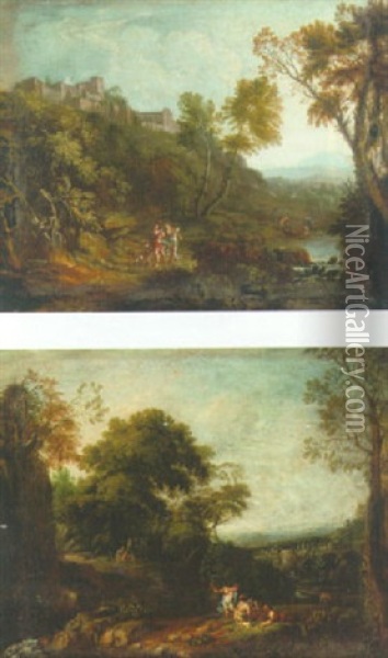 Et Par Romantiske Landskaber Med Hojtliggende Huse Og Maend I Samtale Ved En Flod Oil Painting - Jan Frans van Bloemen