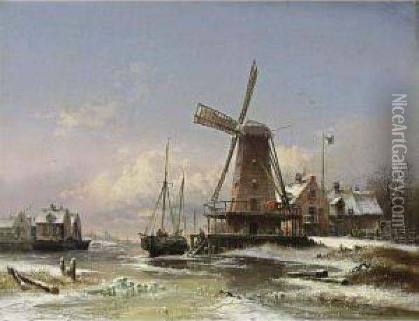 A Windmill In A Winter Landscape Oil Painting - Eduard Schmidt