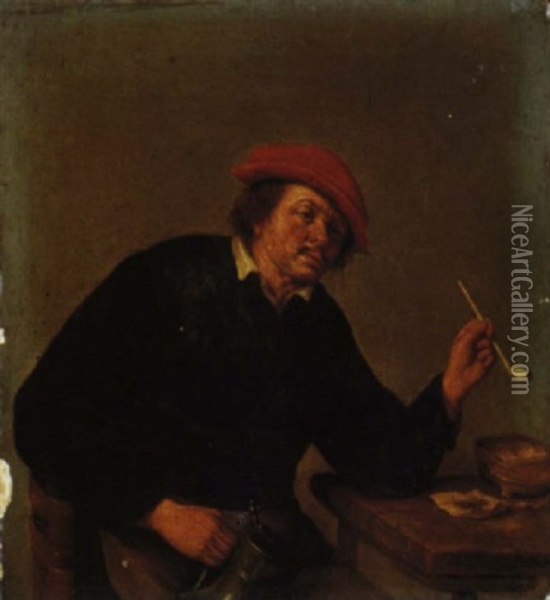 A Boor Smoking A Pipe And Drinking At A Table Oil Painting - Adriaen Jansz van Ostade