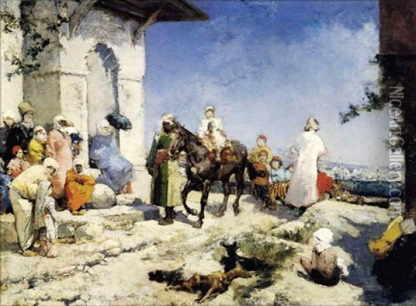 Turks Overlooking The Bosphore Oil Painting - Alberto Pasini