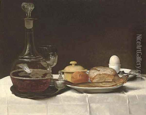 Still life with bread, a kipper, an egg and a decanter of ale on a table with a white linen table-cloth Oil Painting - George, of Chichester Smith