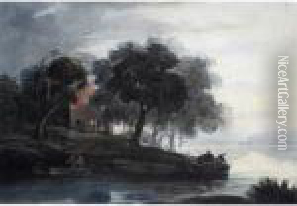 River Scene With Figures In Boats And Near A Cottage Oil Painting - John Varley