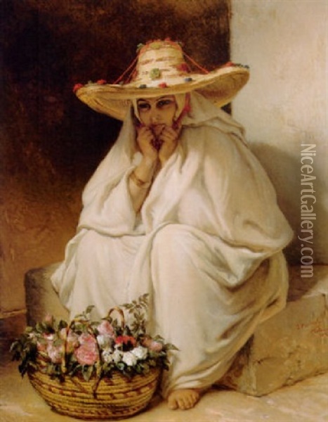 Reveuse Au Panier De Roses A Tetouan Oil Painting - Jean-Francois Portaels