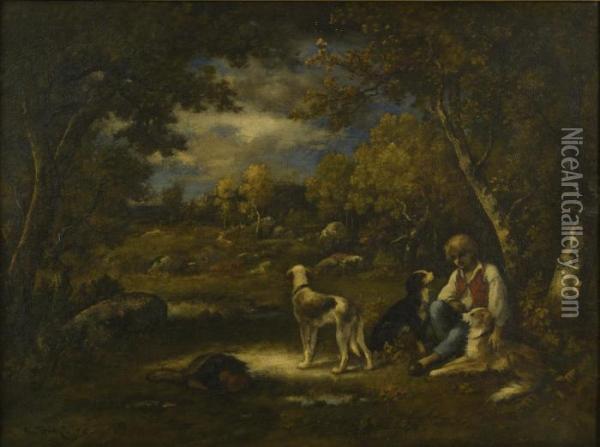 Boy With His Dogs In A Wood Oil Painting - Narcisse-Virgile D Az De La Pena