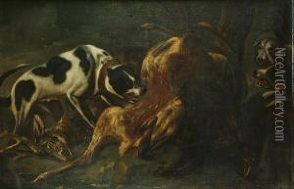 A Hunt Still Life Of A Dead 
Goose, Duck, Partridge And Song Birds With A Dog, Basket And A Rifle; 
And Hounds Attacking A Dead Deer In A Wooded Clearing Oil Painting - Baldassare De Caro
