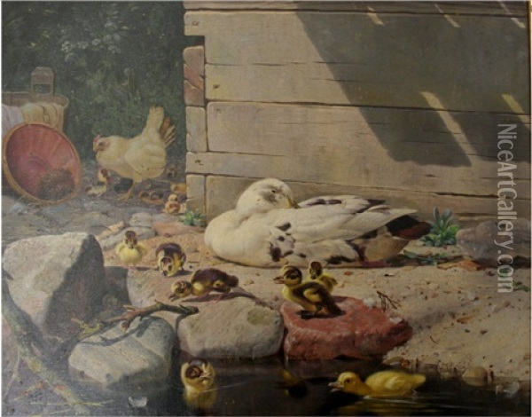 Poultry With Chicks Oil Painting - Niels Fristrupp