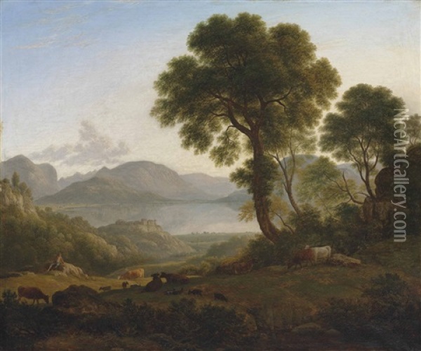 A Lake Landscape With A Shepherd, Cattle And Goats In The Foreground Oil Painting - John Glover