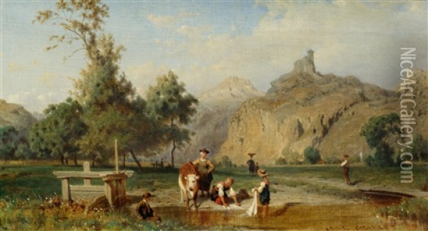 Shepherds And Laundresses At A River Oil Painting - Karl Girardet