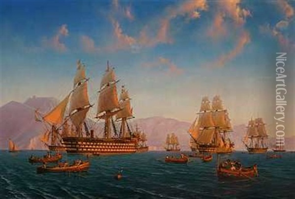 Marine Med Engelske Linieskibe, Fregatter Og Neapolitanske Fiskerbade I Middelhavet Oil Painting - Julius Prommel