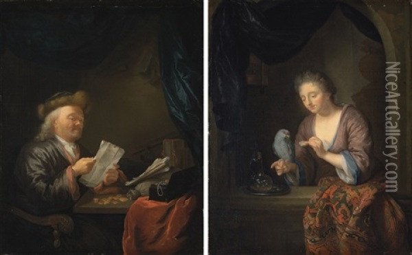 A Moneylender Reading A Letter At A Table (+ A Lady Feeding A Parrot; Pair) Oil Painting - Arnold Boonen