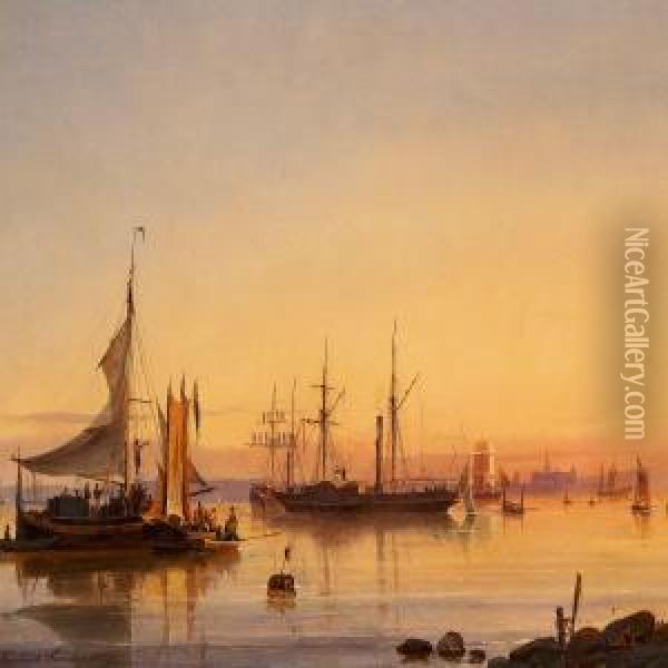 Seascape With Ships Onthe Sound In Front Of Kronborg Oil Painting - Carl Frederick Sorensen