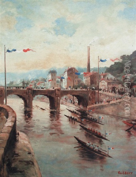 Course D'avirons Sur La Riviere Pavoisee Oil Painting - Narcisse Guilbert