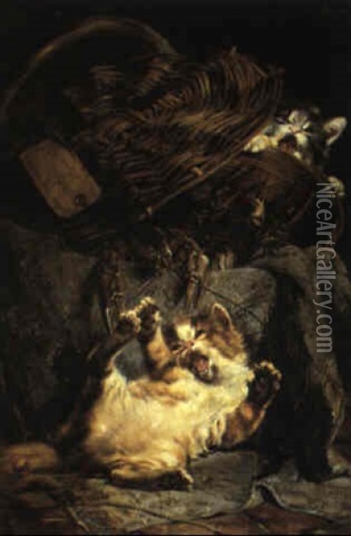 Spielende Katzen Und Ein Korb Mit Katzen Oil Painting - Julius Adam the Younger