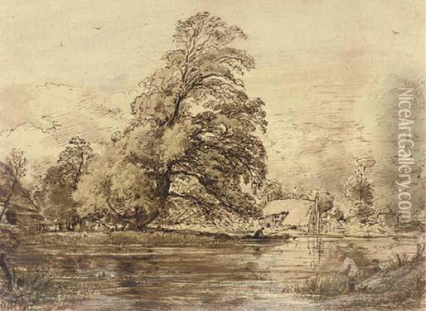 An Angler On A River Bank Oil Painting - John Linnell