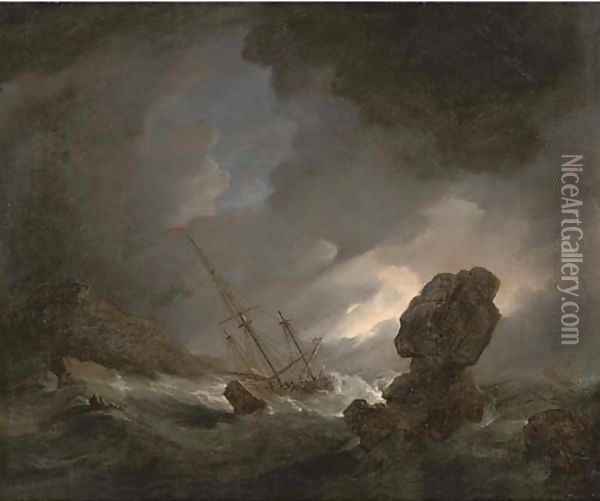 A shipwrecked man'o-war in stormy seas off a rocky coast, survivors in the foreground Oil Painting - Willem van de Velde the Younger