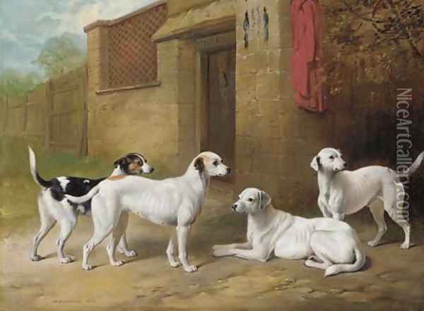 Harrier hounds outside a kennel Oil Painting - Henry Barraud
