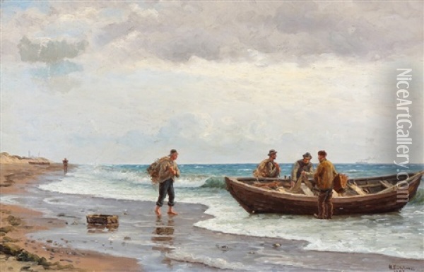 Fishermen Around A Dinghy At The Water's Edge Oil Painting - Holger Luebbers