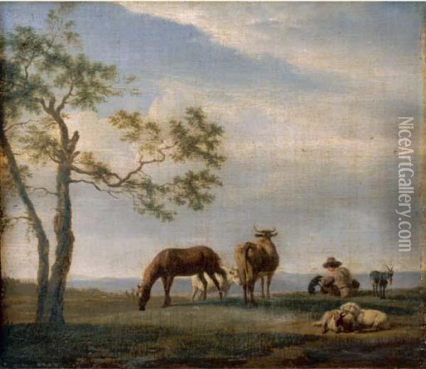 An Extensive Landscape With A Herdsman With Cattle, Goats And Ahorse Oil Painting - Adrian Van De Velde